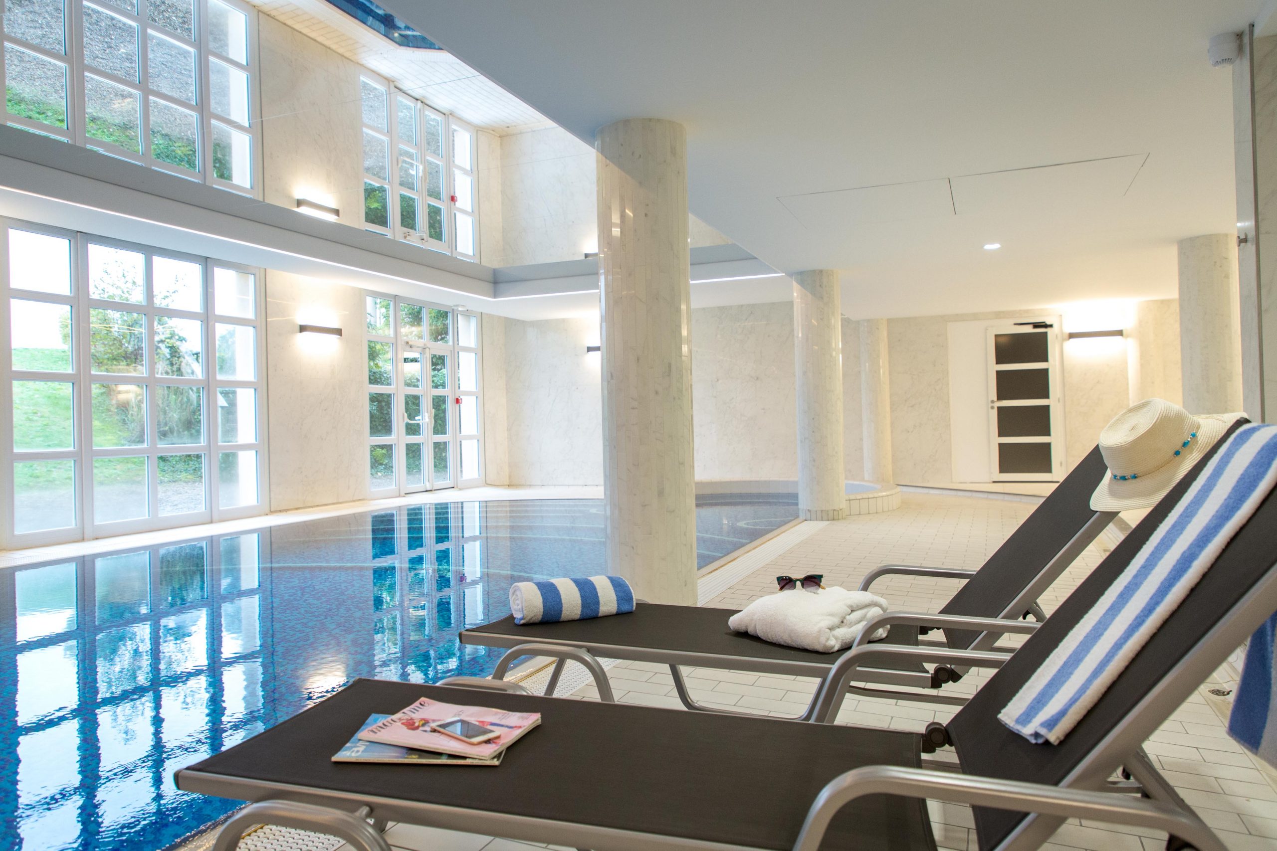 Lounge by the indoor pool at the Mercure Hotel, Chantilly, Paris