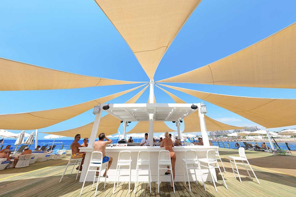 The beach bar at Sueno Hotel Deluxe, Belek, Turkey