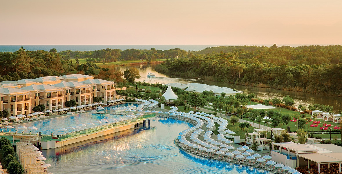 The outdoor swimming pool complex at Titanic Deluxe Golf Resort, Belek, Turkey