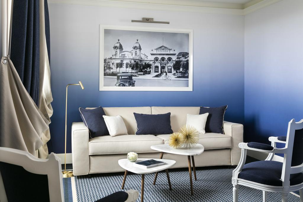 The lounge area in a superior bedroom at Hotel Barriere L'Hermitage, La Baule, Brittany, France