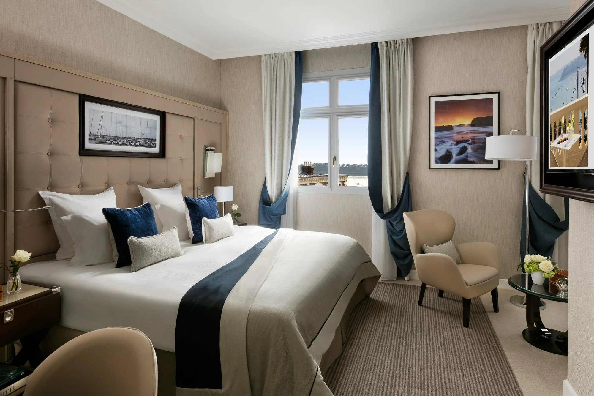 A small double bedroom at Hotel Barriere Le Grand Hotel, Dinard, Northern Brittany, France. Golf Planet Holidays.