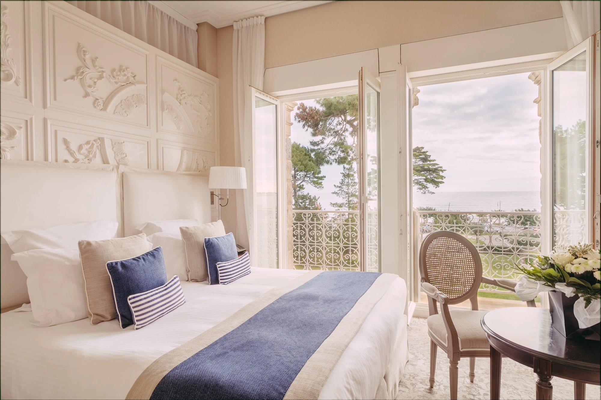 A seaview bedroom at Hotel Barriere Le Royal, La Baule, Brittany, France. Golf Planet Holidays.