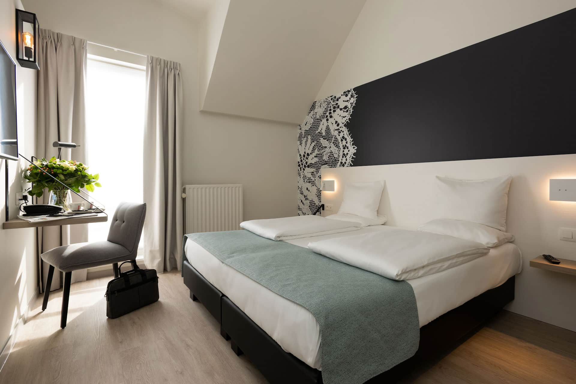 A double bedroom in Martin's Hotel, Bruges, Belgium