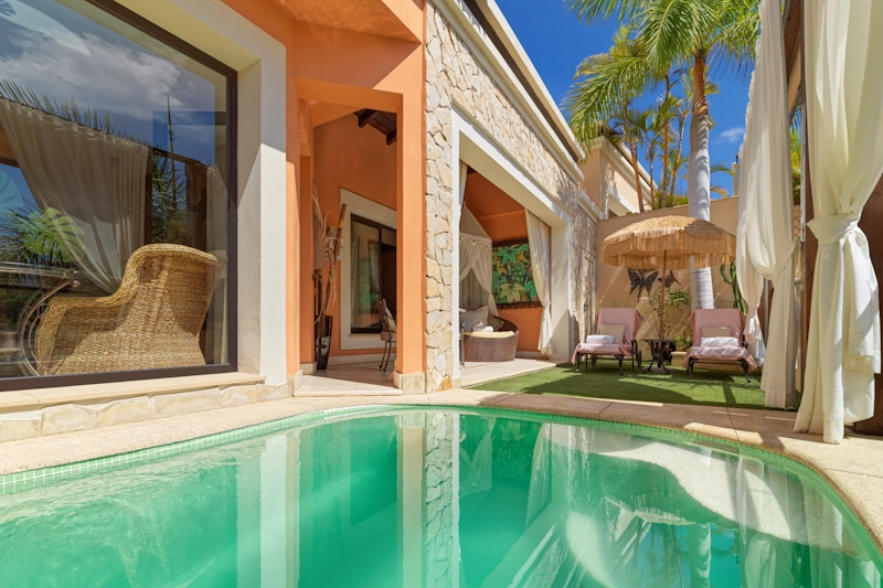 Your terrace and pool at Royal Garden Villas, Tenerife. Golf Planet Holidays.