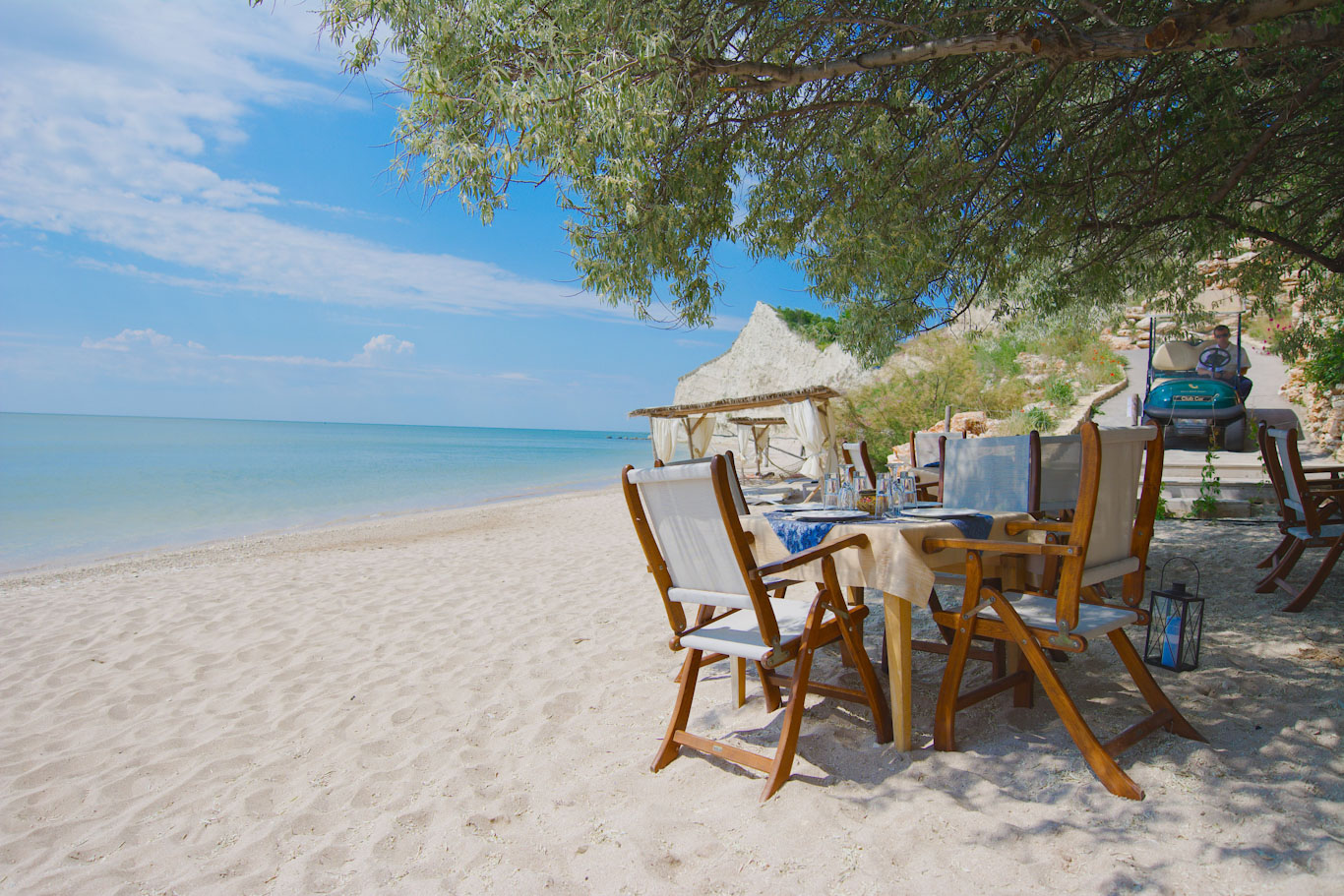 Take a buggy down to the beach restaurant at Thracian Cliffs Golf Resort and Spa, Cape Kaliakra, Bulgaria