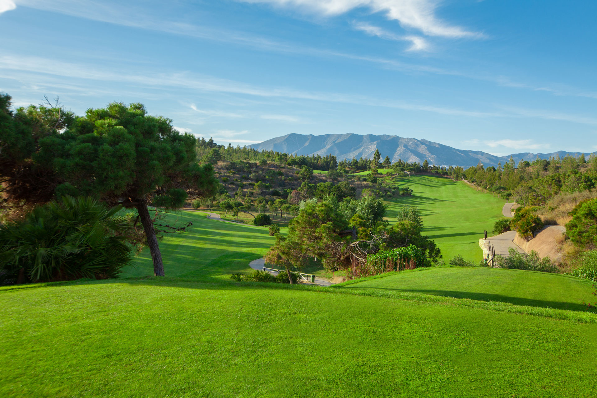 Elevated tee at Chaparral Golf Course, Marbella, Costa del Sol, Spain. Golf Planet Holidays.