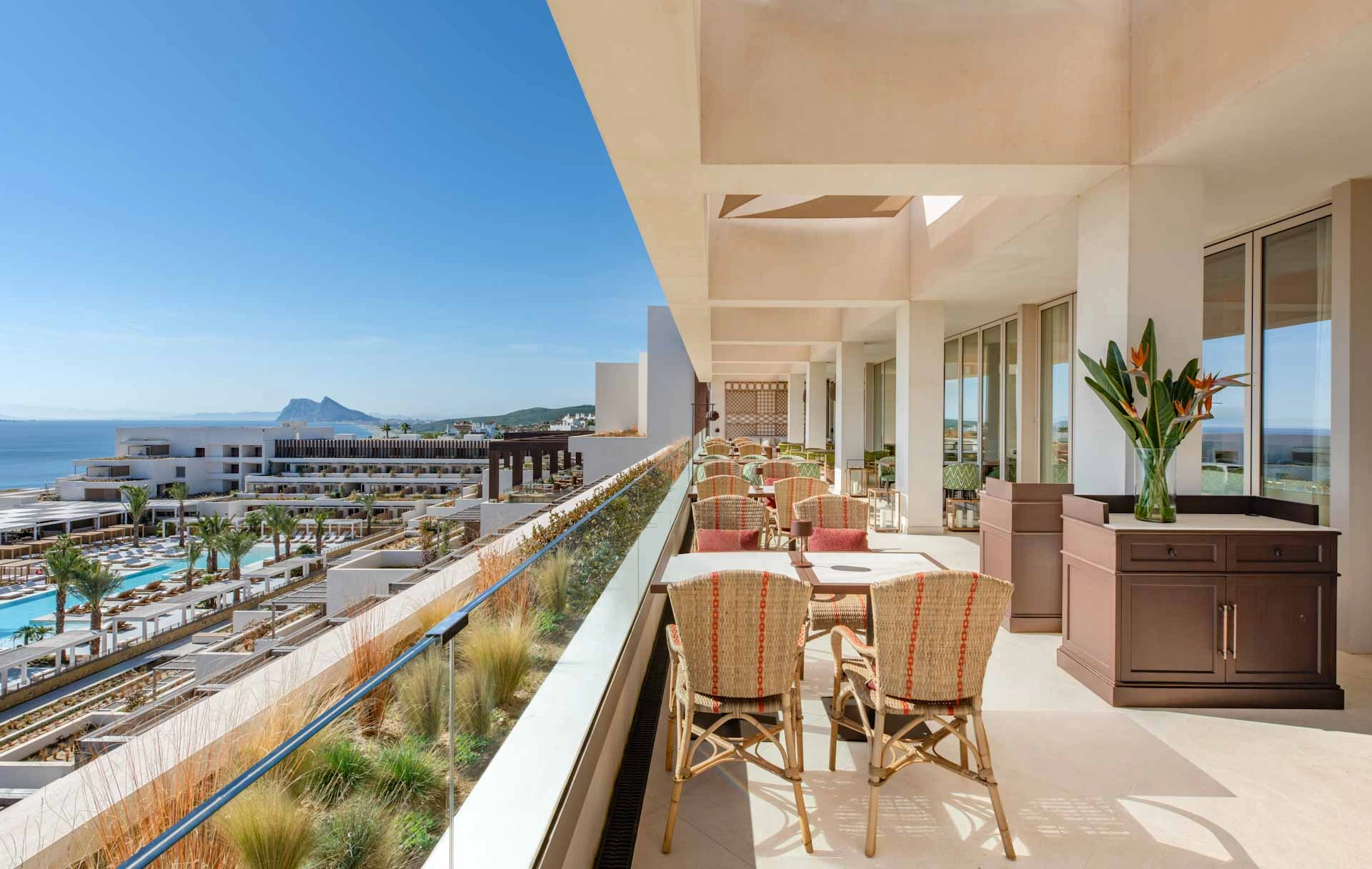 On the terrace at Fairmont La Hacienda, La Alcaidesa, Costa del Sol, Spain. Golf Planet Holidays.