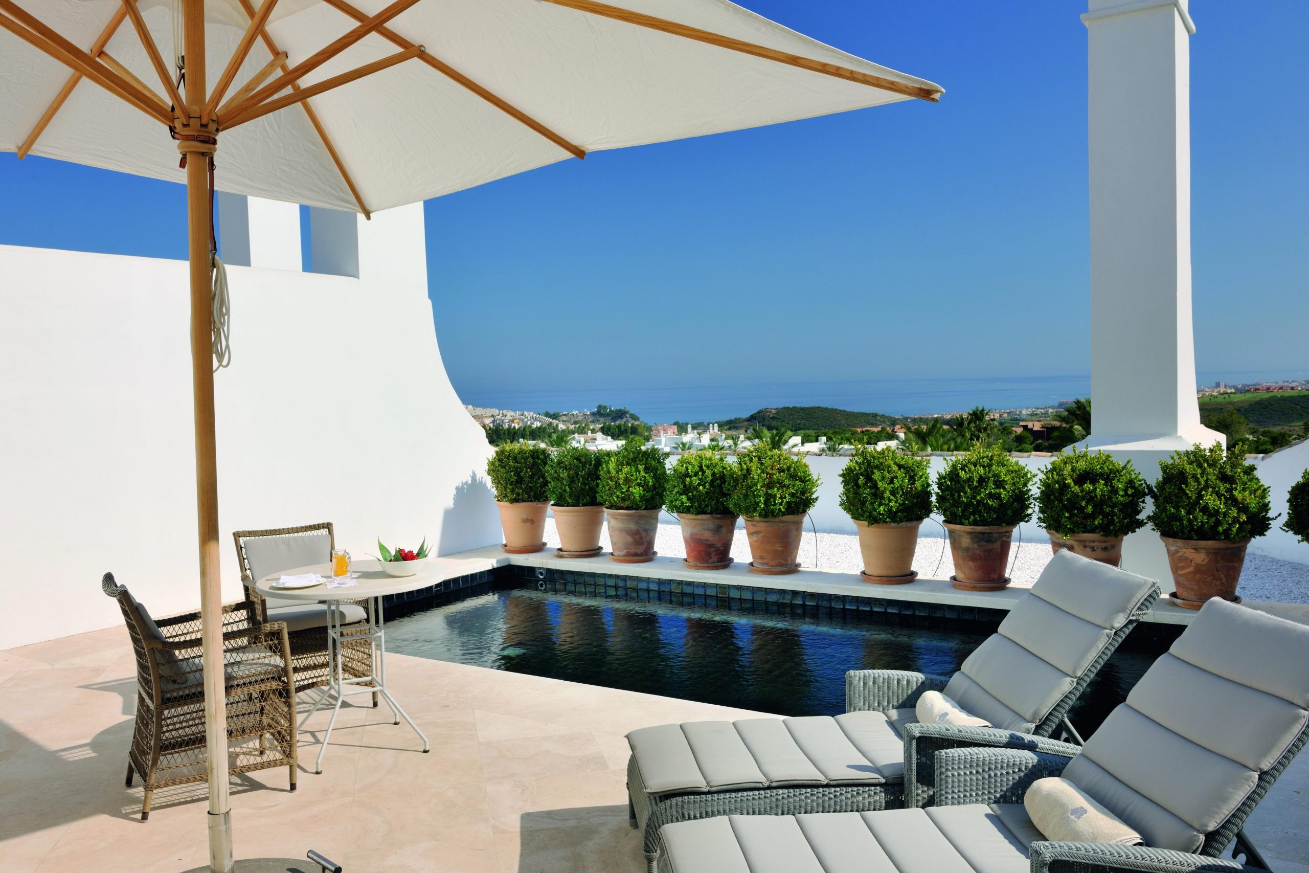 A private terrace pool at Finca Cortesin Hotel, Costa del Sol, Spain. Golf Planet Holidays