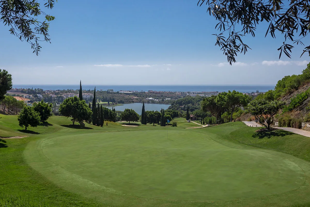 View from the green at Flamingos Golf Course at Anantara Villa Padierna Palace Resort, Benahavis, Costa del Sol, Spain. Golf Planet Holidays