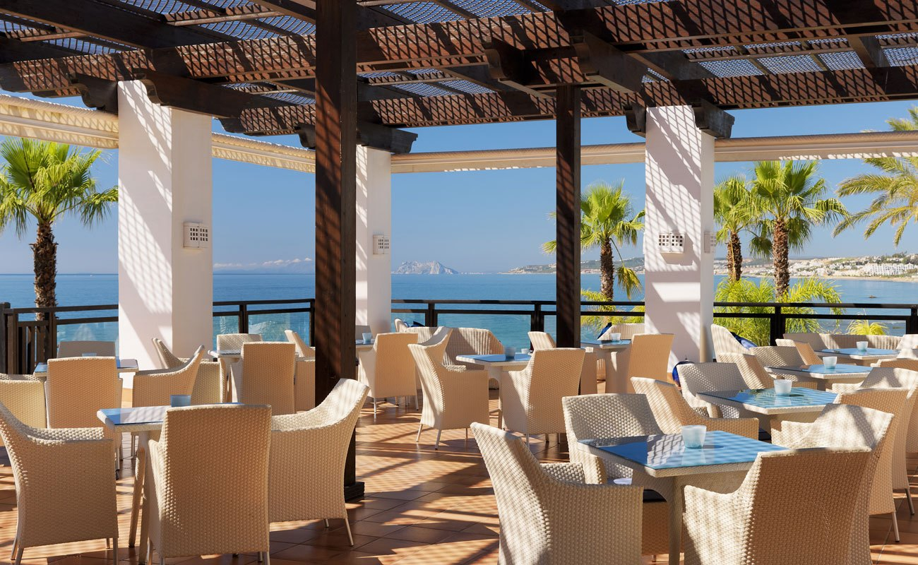 Drinks terrace at H!0 Estepona Palace Hotel, Costa del Sol, Spain. Golf Planet Holidays
