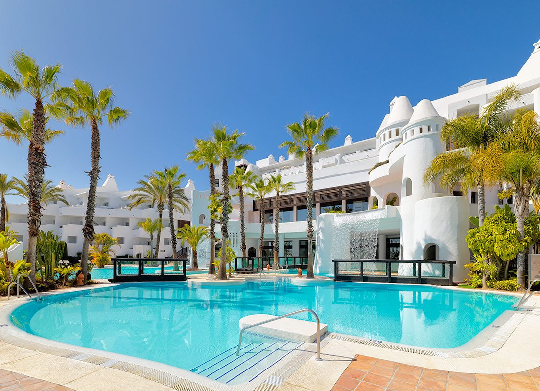 Pool view at H!0 Estepona Palace Hotel, Costa del Sol, Spain. Golf Planet Holidays