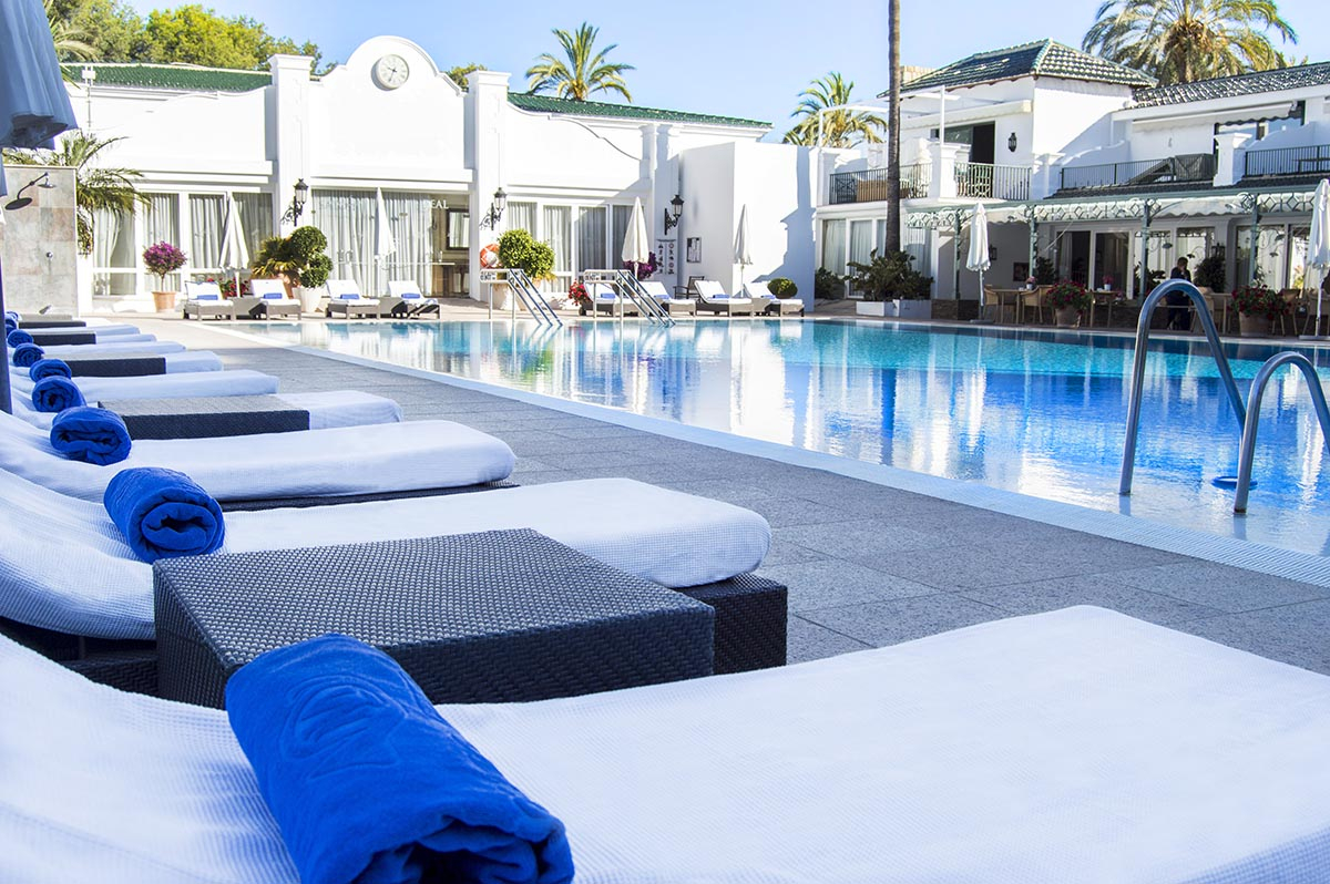 By the pool at Los Monteros Spa & Golf Resort, near Marbella, Costa del Sol, Spain. Golf Planet Holidays