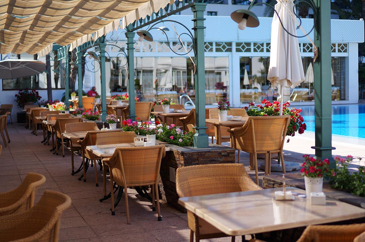 Al fresco lunch at Los Monteros Spa & Golf Resort, near Marbella, Costa del Sol, Spain. Golf Planet Holidays