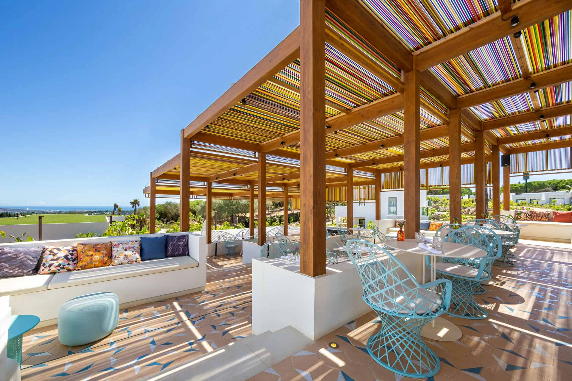 On the terrace at So Sotogrande Spa and Golf Hotel, Costa del Sol, Spain. Golf Planet Holidays.