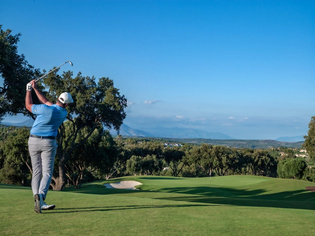 Down to the first hole at the San Roque Club, Costa del Sol, Spain. Golf Planet Holidays.