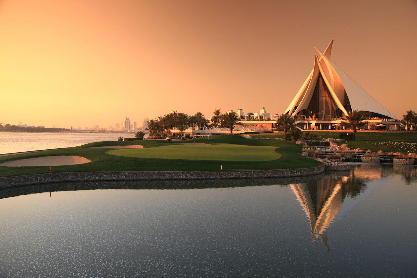 The 18th green at Dubai Creek Golf Club