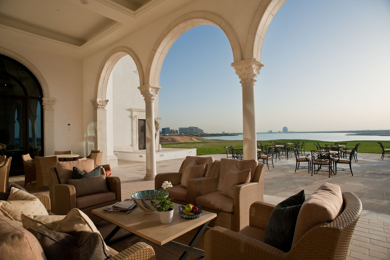 On the terrace at Yas Links clubhouse, Abu Dhabi