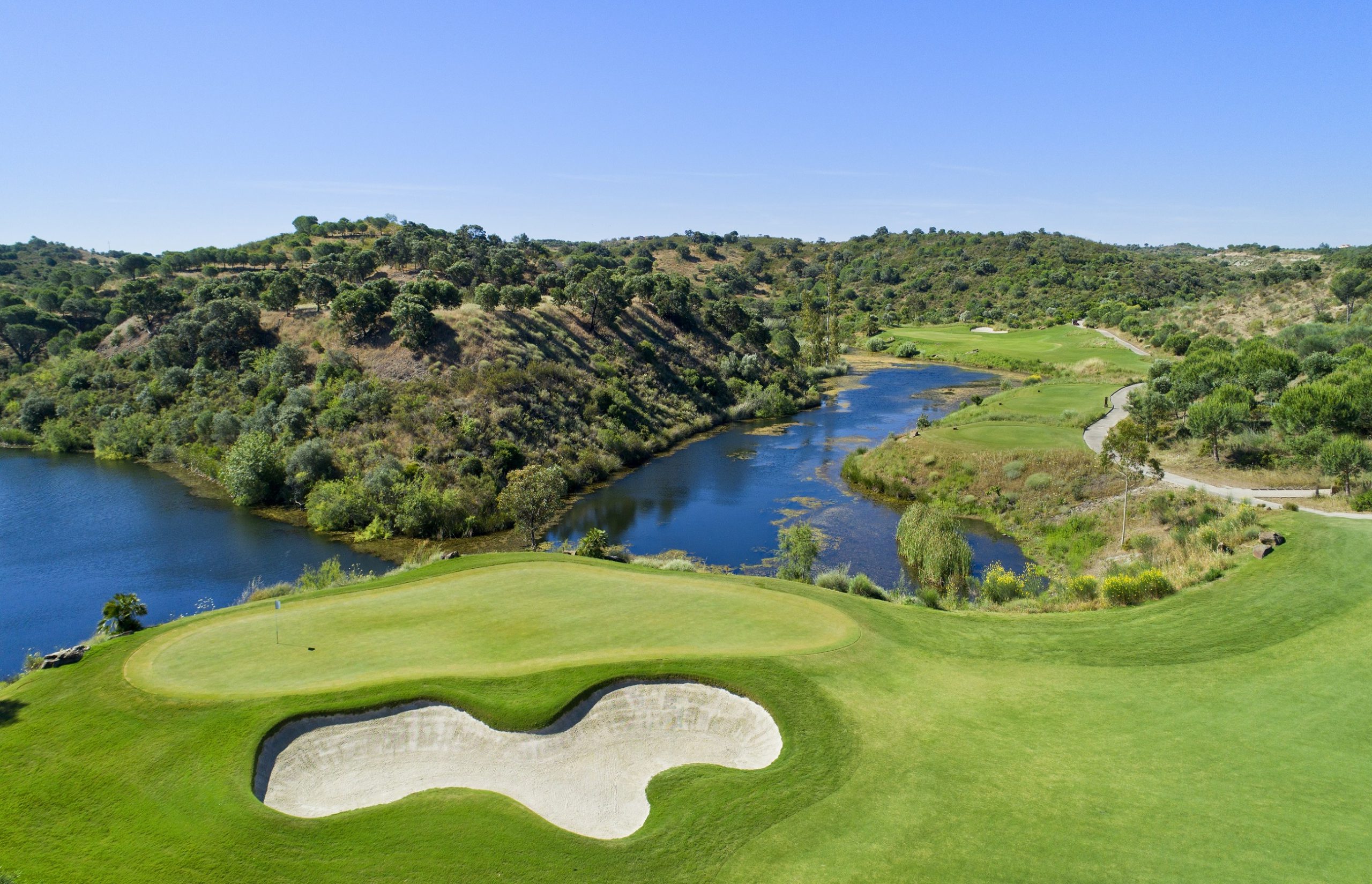 The 13th and 14th holes at Monte Rei Golf Club, near Tavira, Eastern Algarve, Portugal