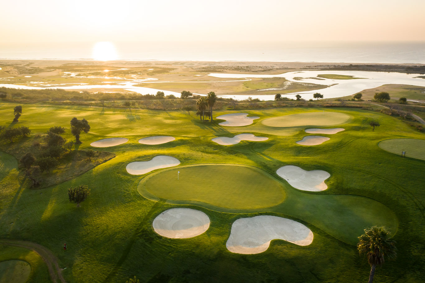 Aerial view of the second green at Quinta da Ria golf course, near Tavira, Algarve, Portugal