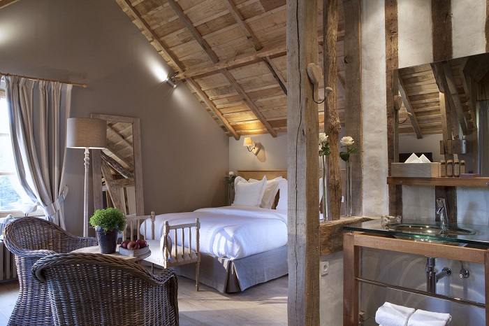 A bedroom at the Auberge de la Source, Honfleur, Normandy, France