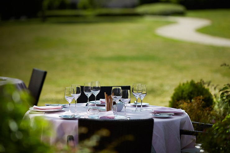 Dining at Le Montrachet Hotel, near Beaune, Burgundy, France