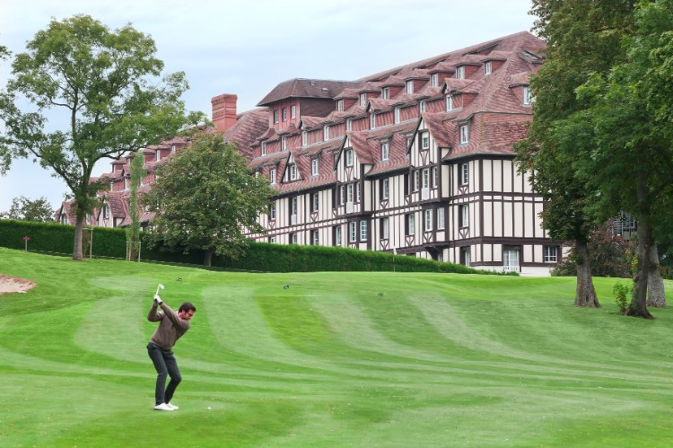 Hitting to the green on the blue course at New Golf Deauville, Normandy, France