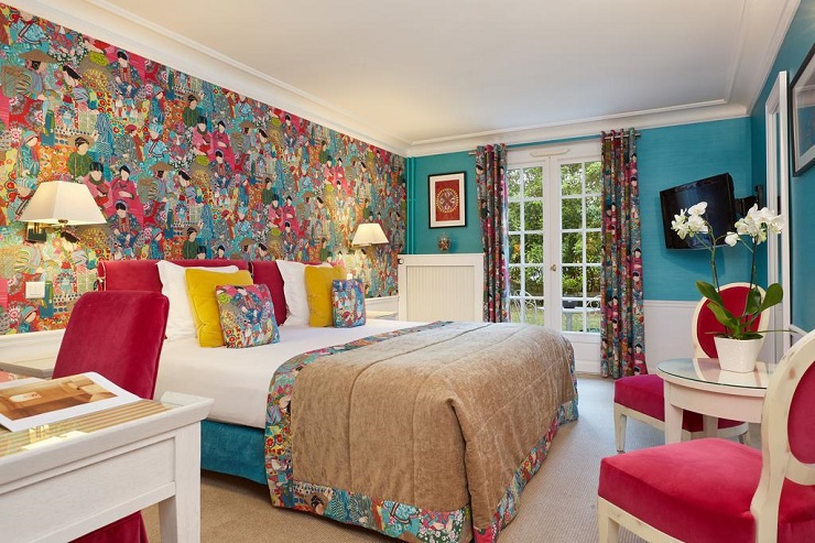 A double bedroom at Relais et Chateaux Hostellerie la Briqueterie, Epernay, Champagne, France