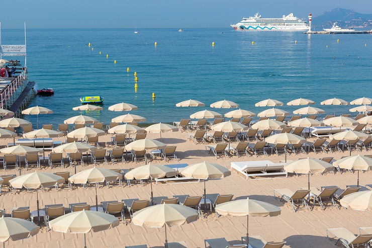 On the private beach at Le Gray d'Albion Hotel, Cannes, South of France. Golf Planet Holidays.