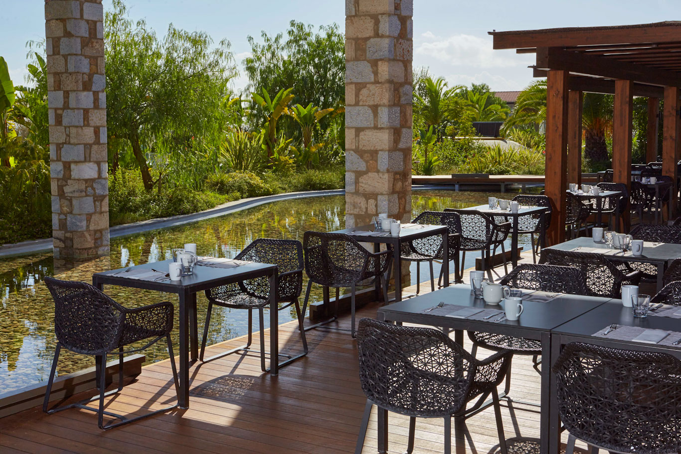 Breakfast by the water at The Romanos Costa Navarino