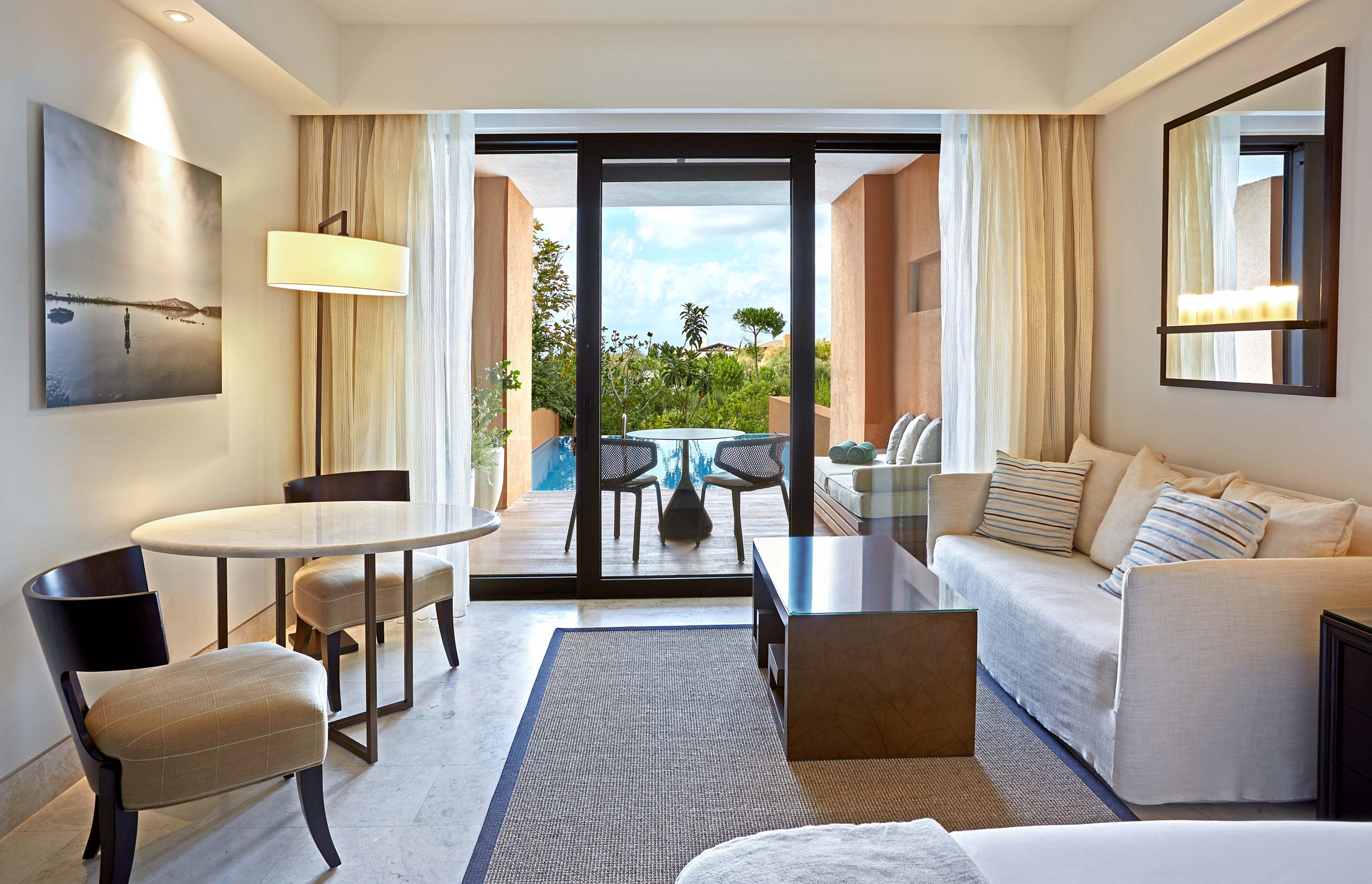 Luxury bedroom with private pool at The Romanos, Costa Navarino, Greece,