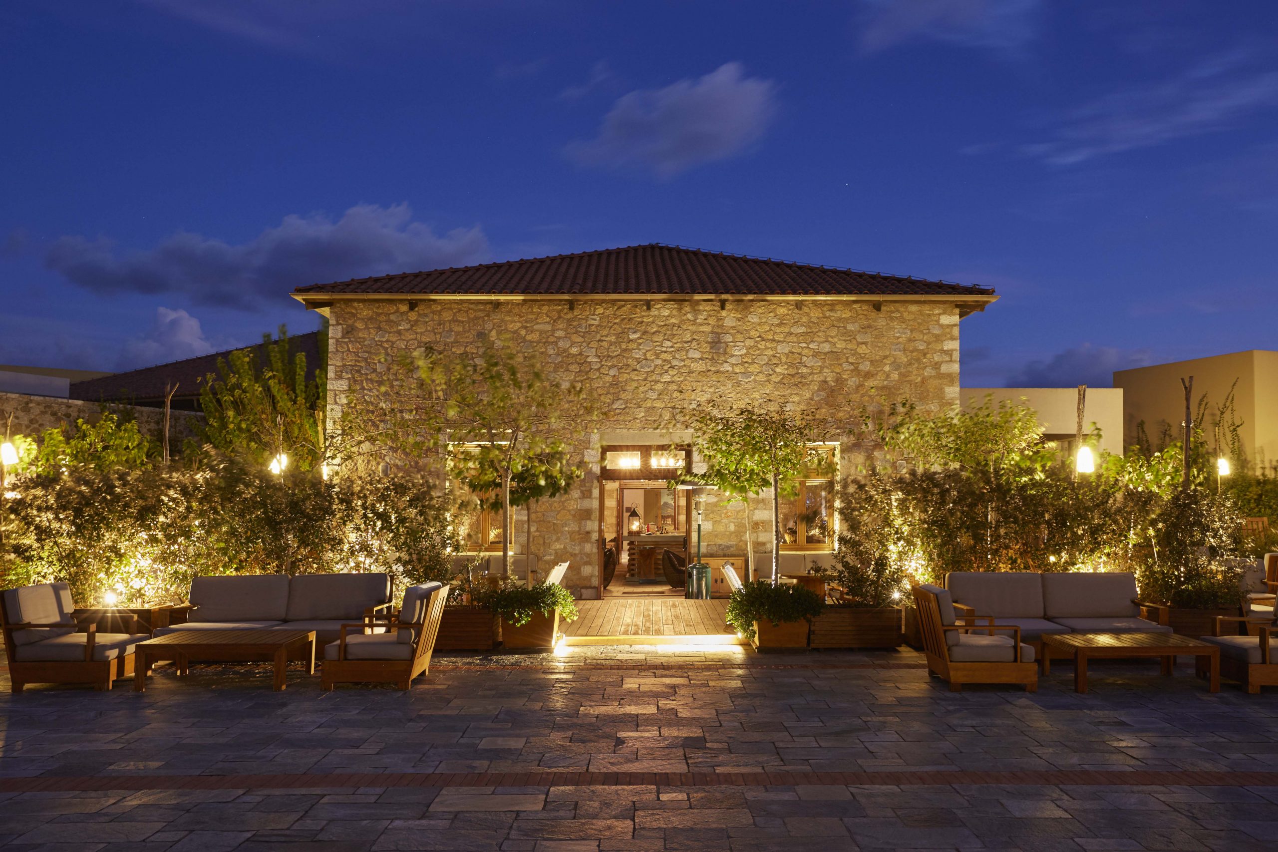 The exterior of the 1827 Lounge Bar at Costa Navarino Greece
