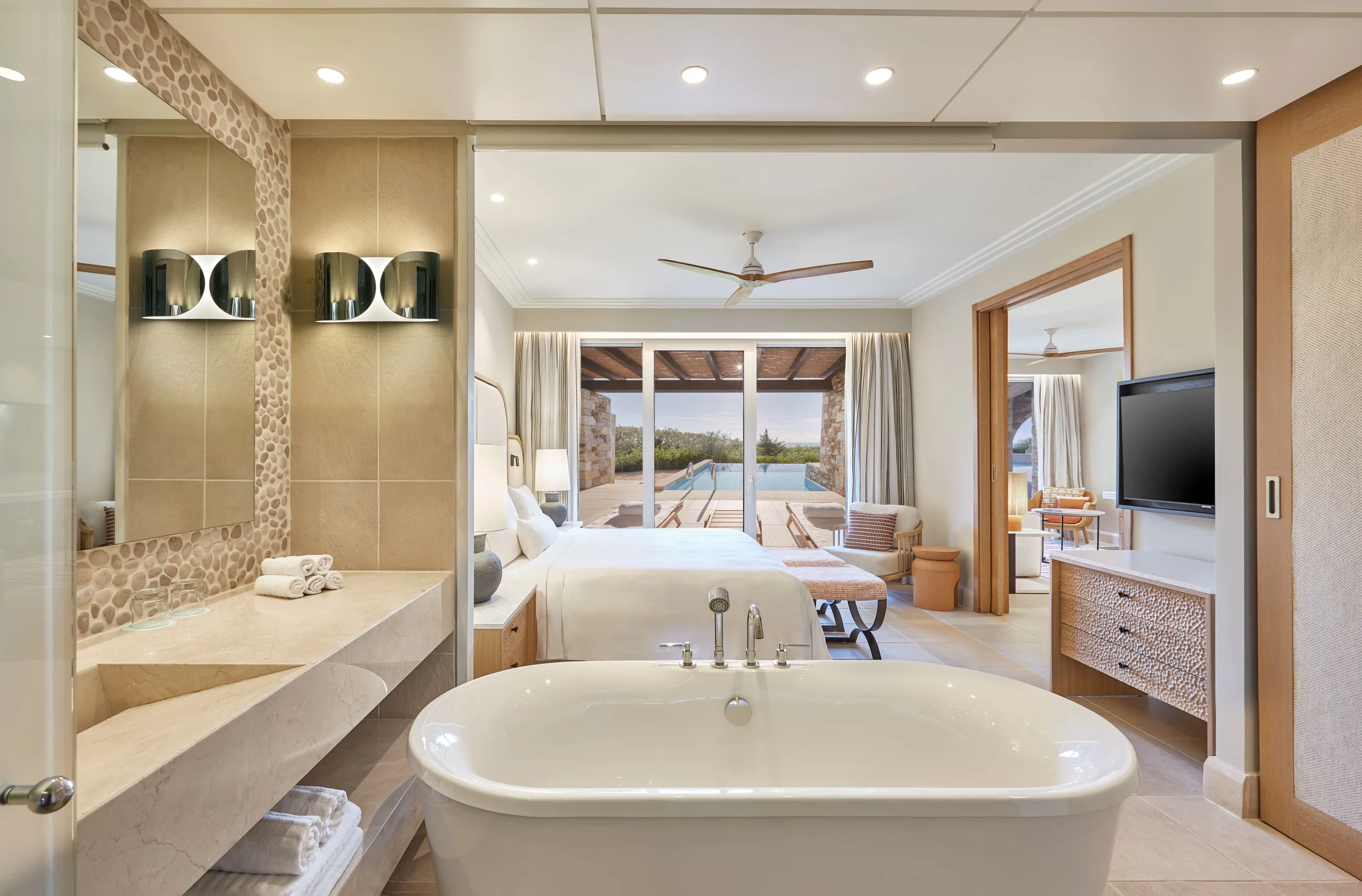 A premium Infinity Suite bedroom at Westin Resort Costa Navarino, Greece. Golf Planet Holidays