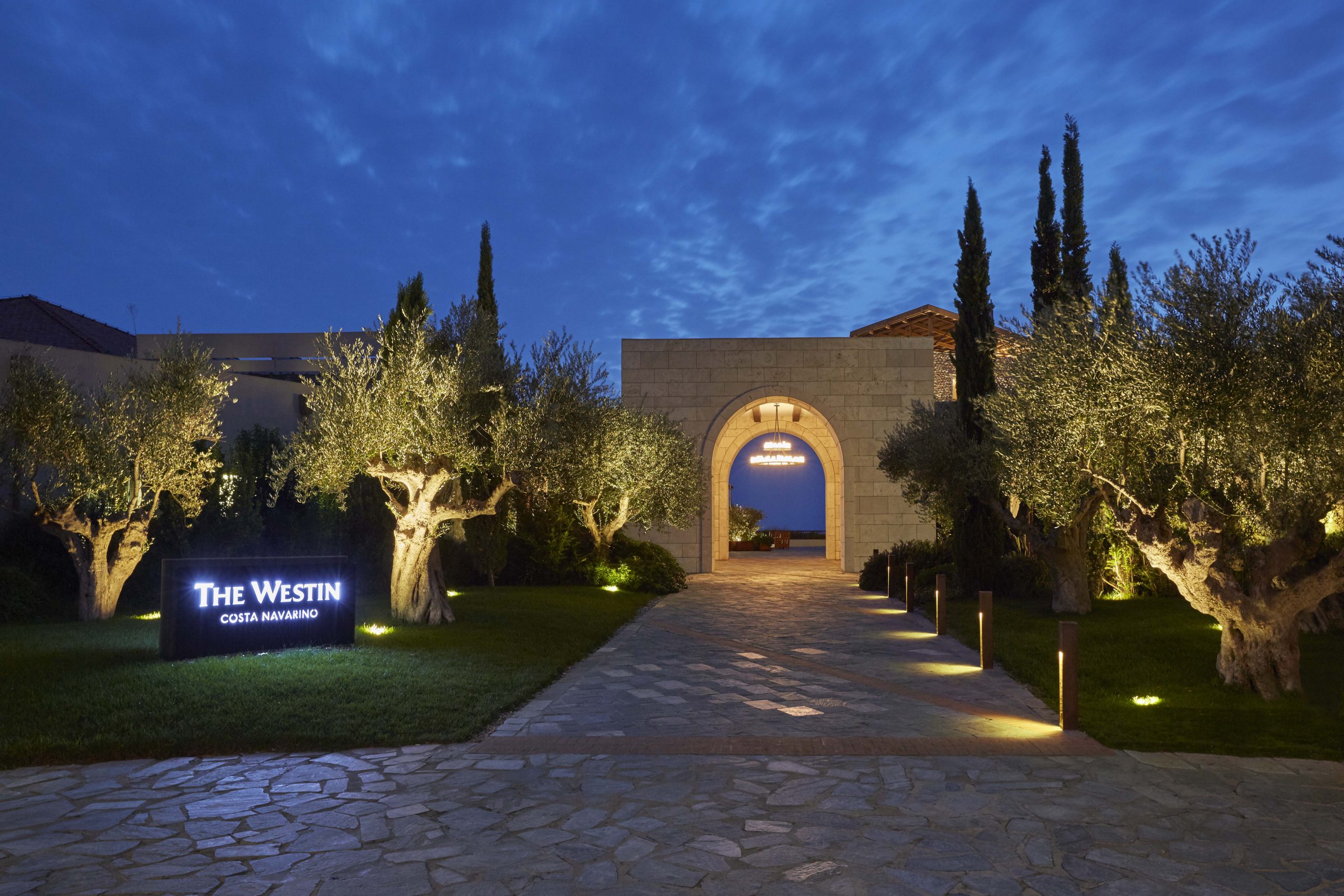 The entrance to The Westin Hotel, Costa Navarino, Greece, at dusk