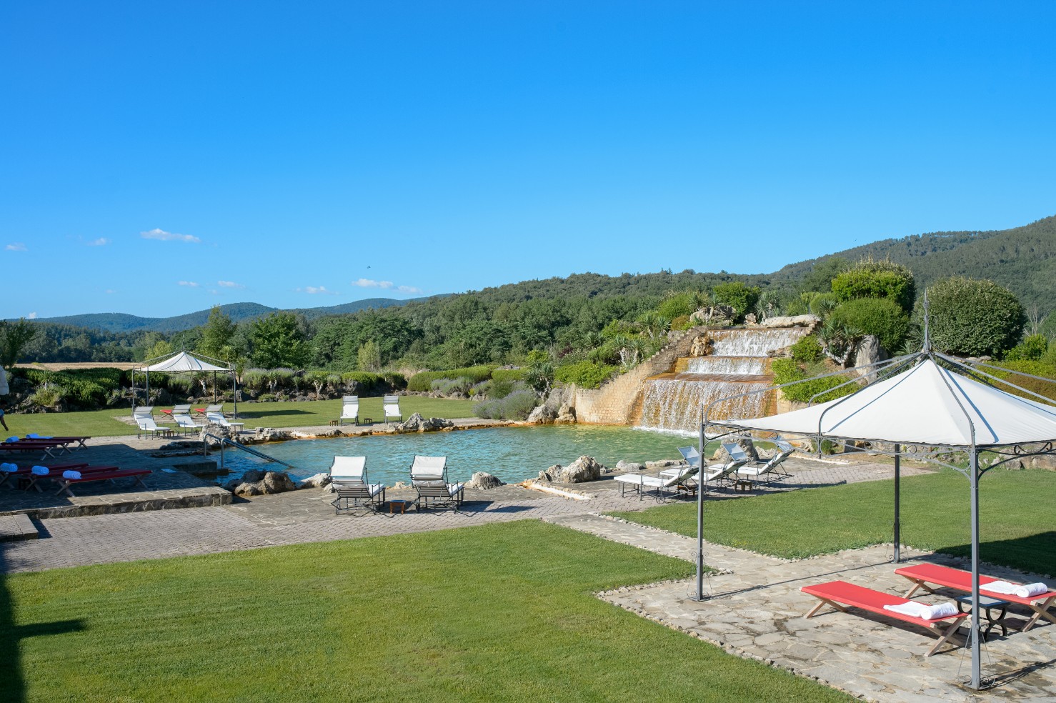 The ultimate in luxury, a thermal waterfall at La Bagnaia Golf and Spa Resort in Siena, Tuscany