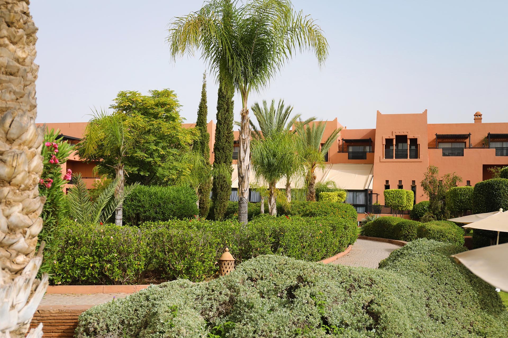 View of the Kenzi Menara Palace hotel, Marrakech, Morocco from the gardens