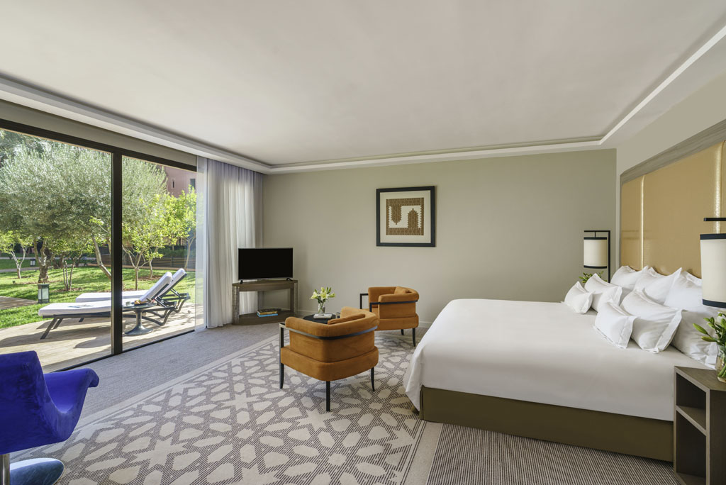 A double bedroom at Movenpick Hotel Manour Eddahbi, Marrakech, Morocco. Golf Planet Holidays.