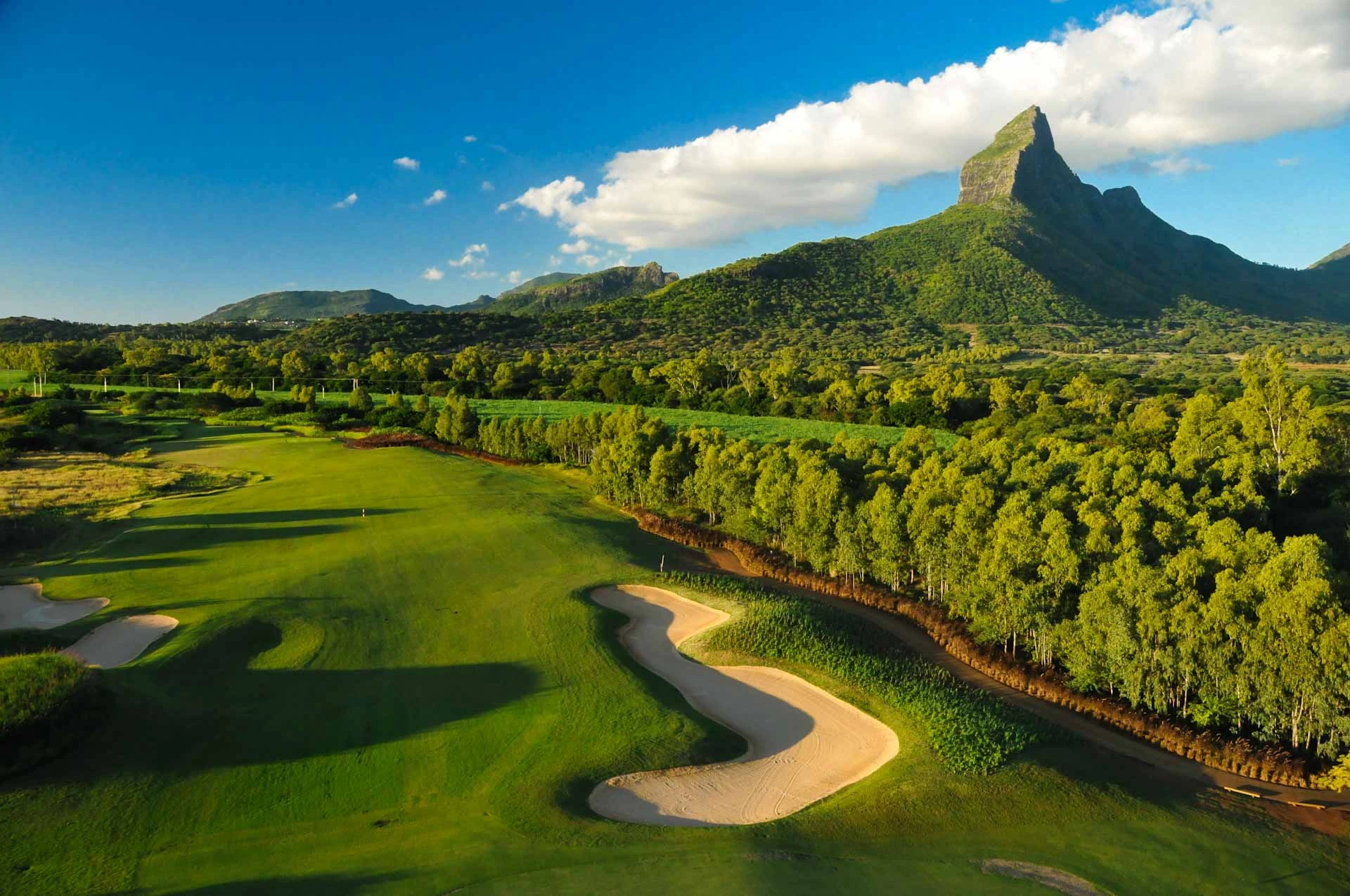 Aerial view of Tamarina Golf course, Mauritius. Golf Planet Holidays.
