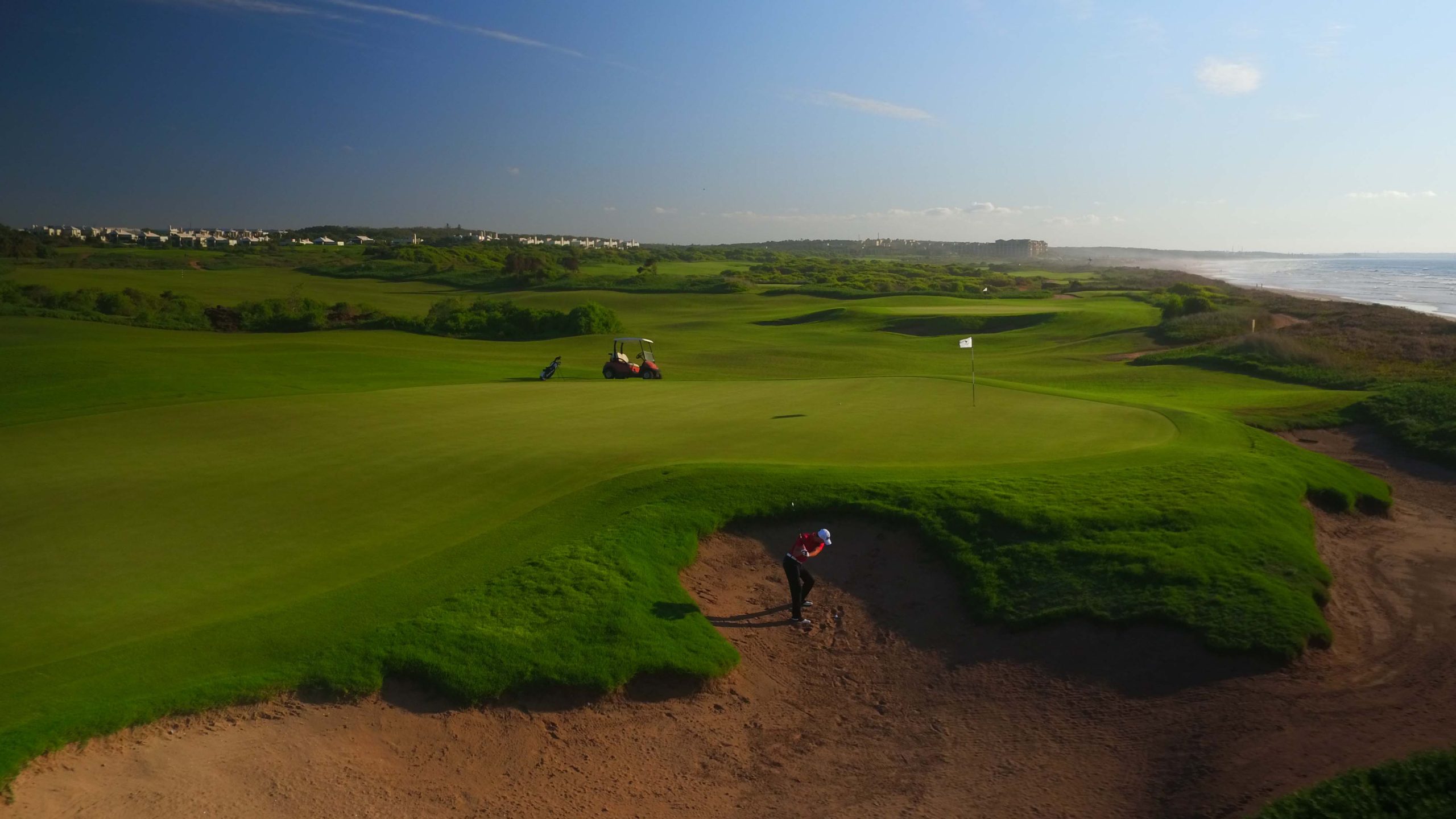 A tricky bunker shot at Mazagan Golf Course, Casablanca, Morocco