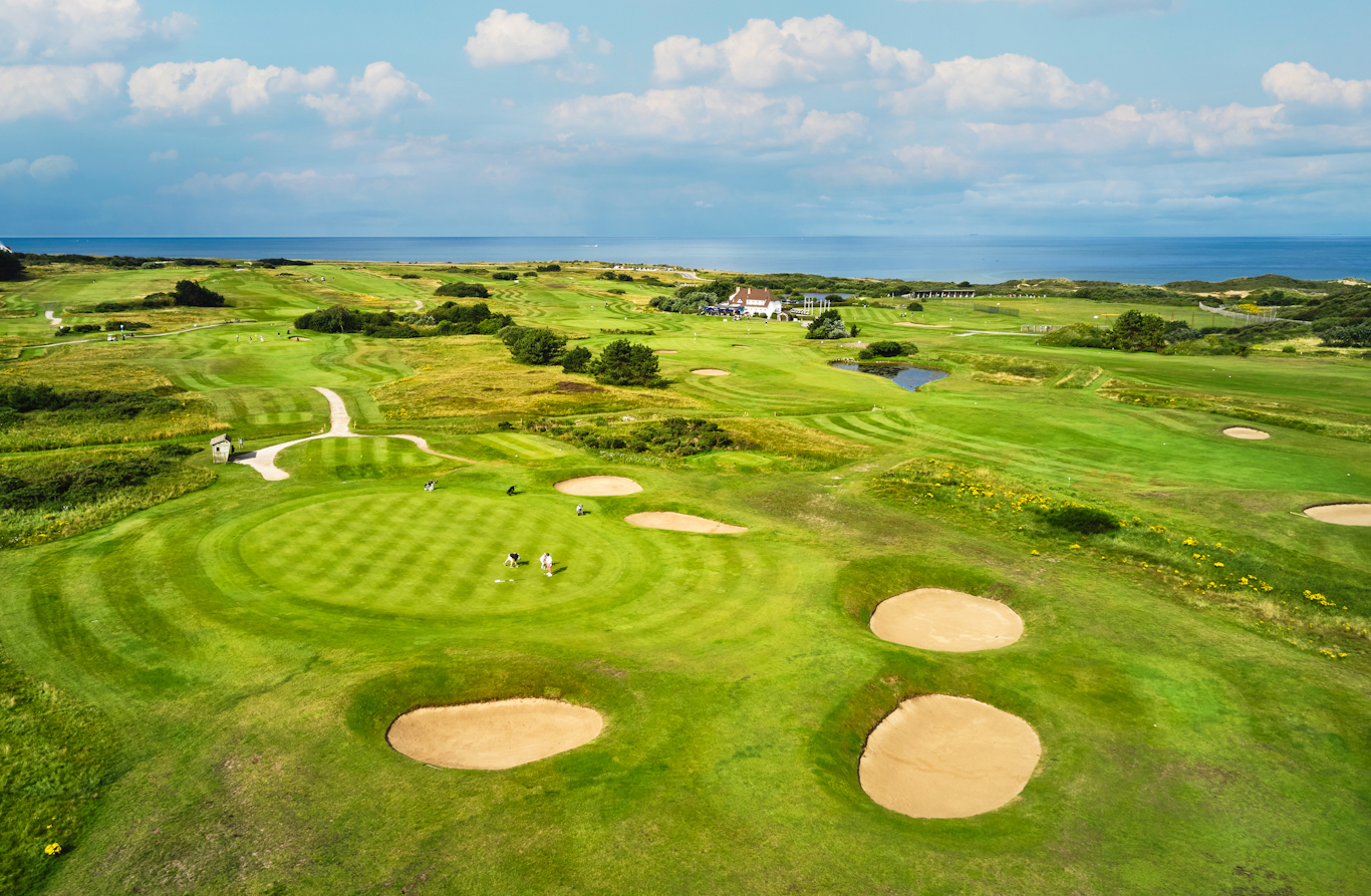 Aerial view over Wimereux Golf Course, Northern France. Golf Planet Holidays.