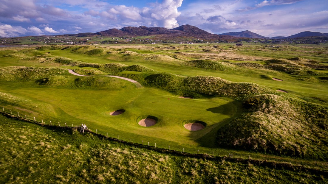 Pot hole bunkers round the fifth green at Ballyliffin Golf Club, Northern Ireland