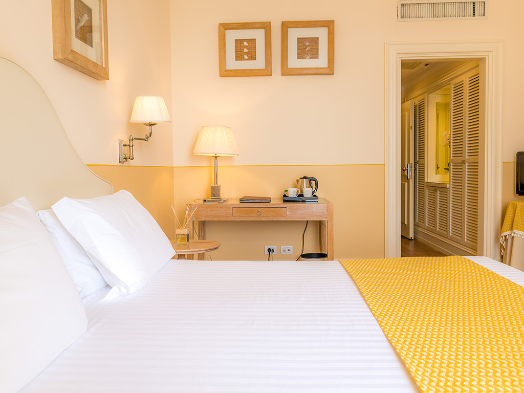 A double bedroom at Grand Hotel Bristol, Stresa, Italy