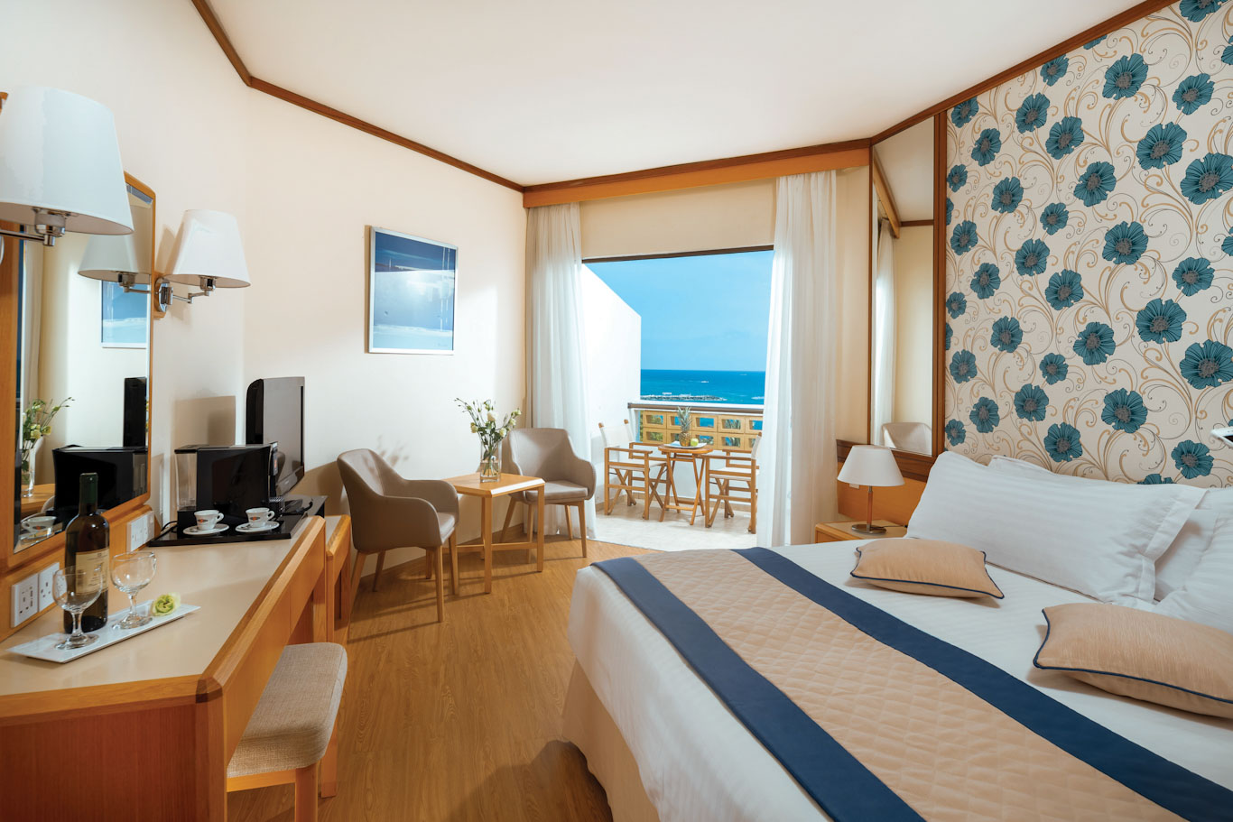 Bedroom with sea view at Constantinou Bros Athena Royal Beach Hotel Paphos, Cyprus