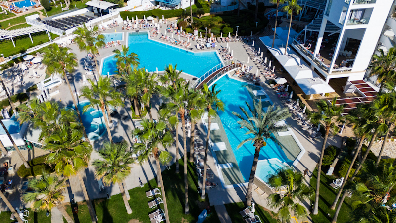 Aerial view of the pool area at the Cypria Maris Beach Hotel and Spa, Paphos, Cyprus. Golf Planet Holidays.