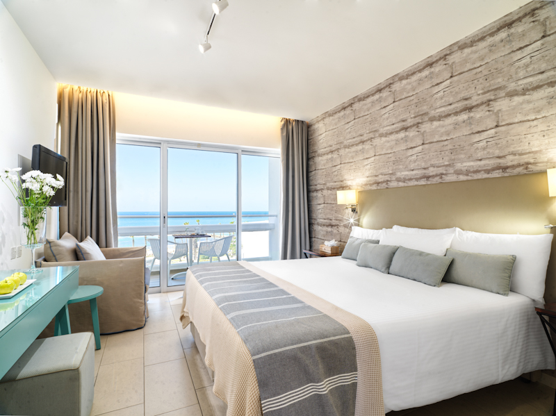 A double seaview room at the Cypria Maris Beach Hotel and Spa, Paphos, Cyprus. Golf Planet Holidays.