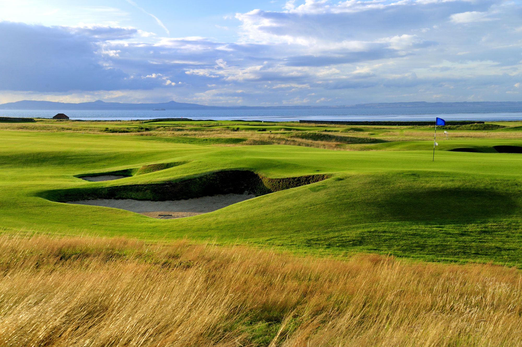 Challenging rough and testing bunkers at Craigielaw Golf Club, East Lothian, Scotland