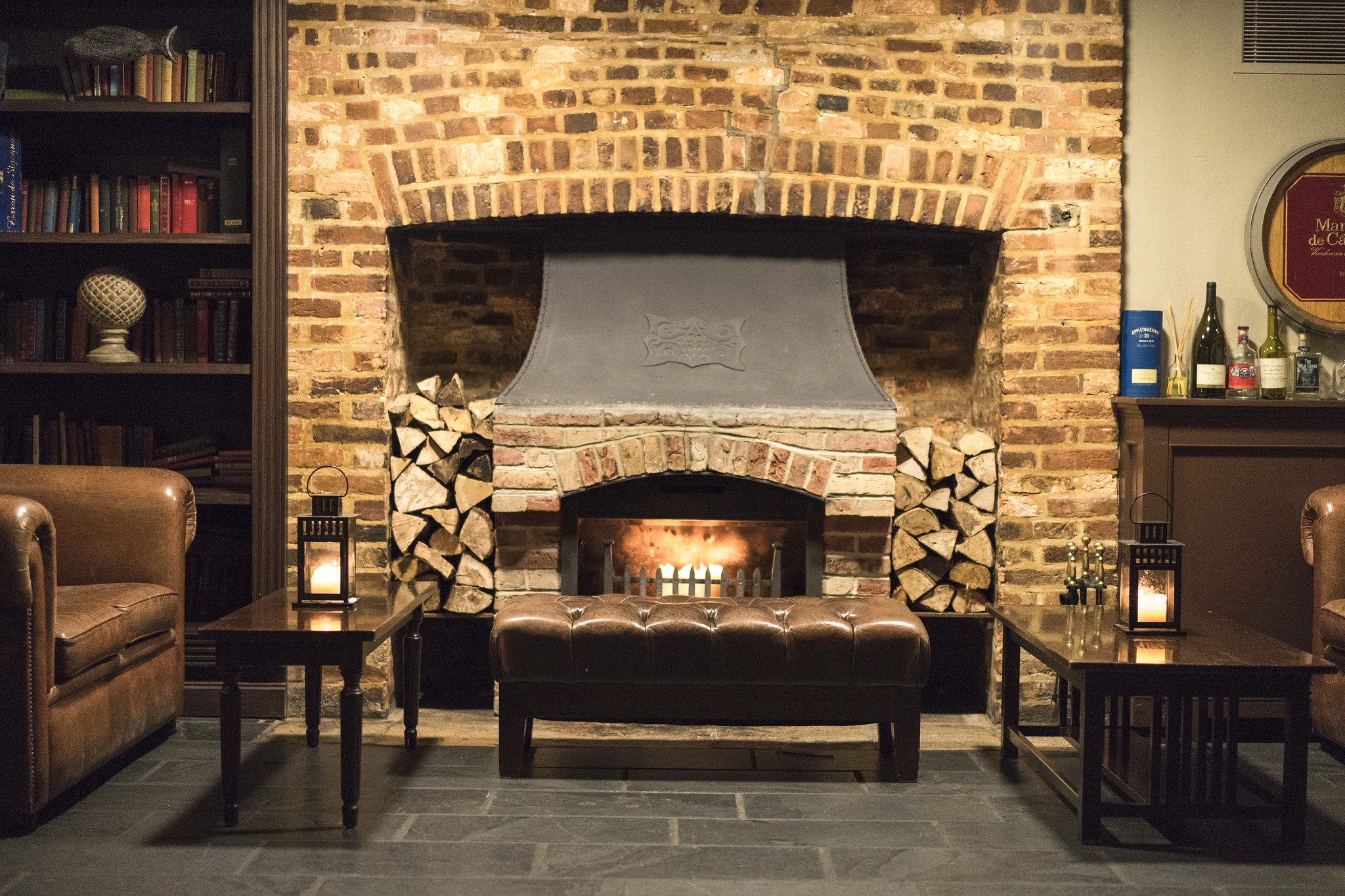 Cosy fire at Hotel du Vin, Poole, Dorset, England