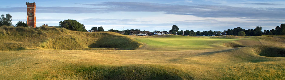 Pot hole bunkers galore at Littlestone Golf Course, Kent, UK