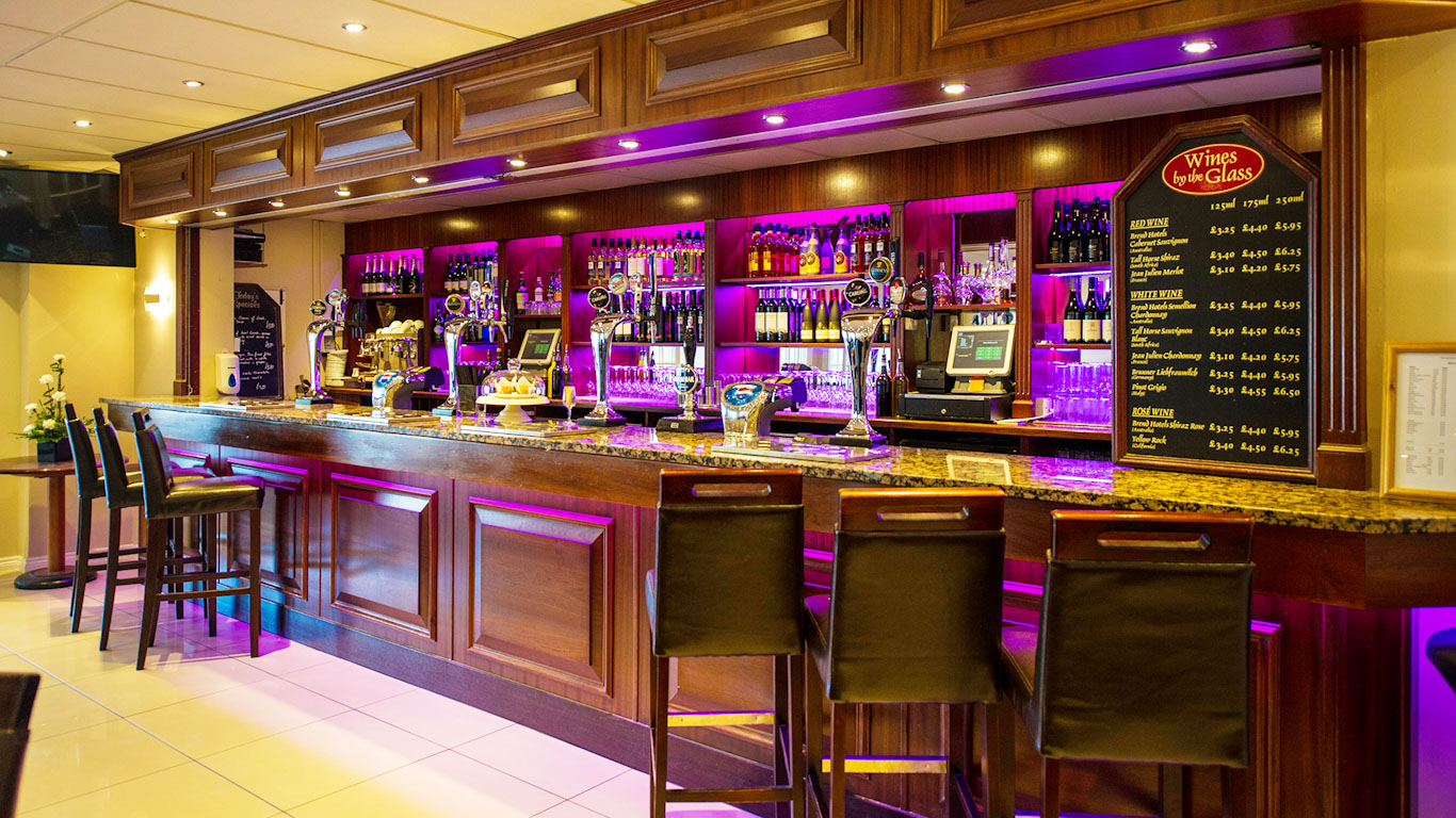 The friendly bar at The Barnstaple Hotel Devon, England, is well stocked