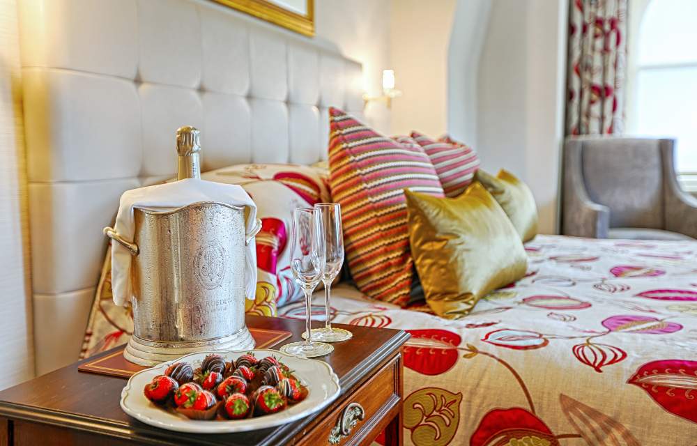Champagne and strawberry treat in the bedroom at The Grand Hotel, Eastbourne, England
