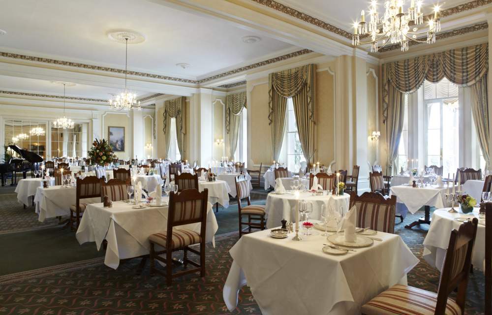 The dining and breakfast room at The Grand Hotel Eastbourne, England